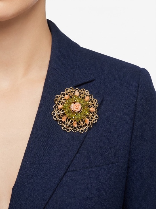 Jewelry - Gold Filigree Floral Brooch with Peach and Green Accents